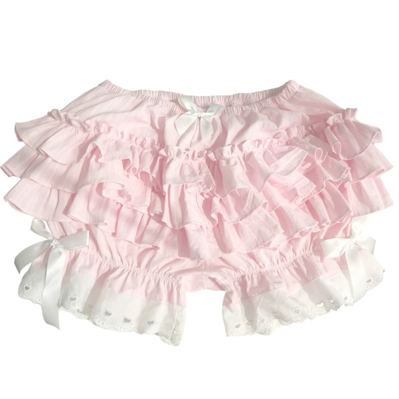 Sweet Layered Ruffled Lace Pink Pumpkin Shorts for Women Girls Japanese Vintage Victorian Bowknot Bloomers Pant