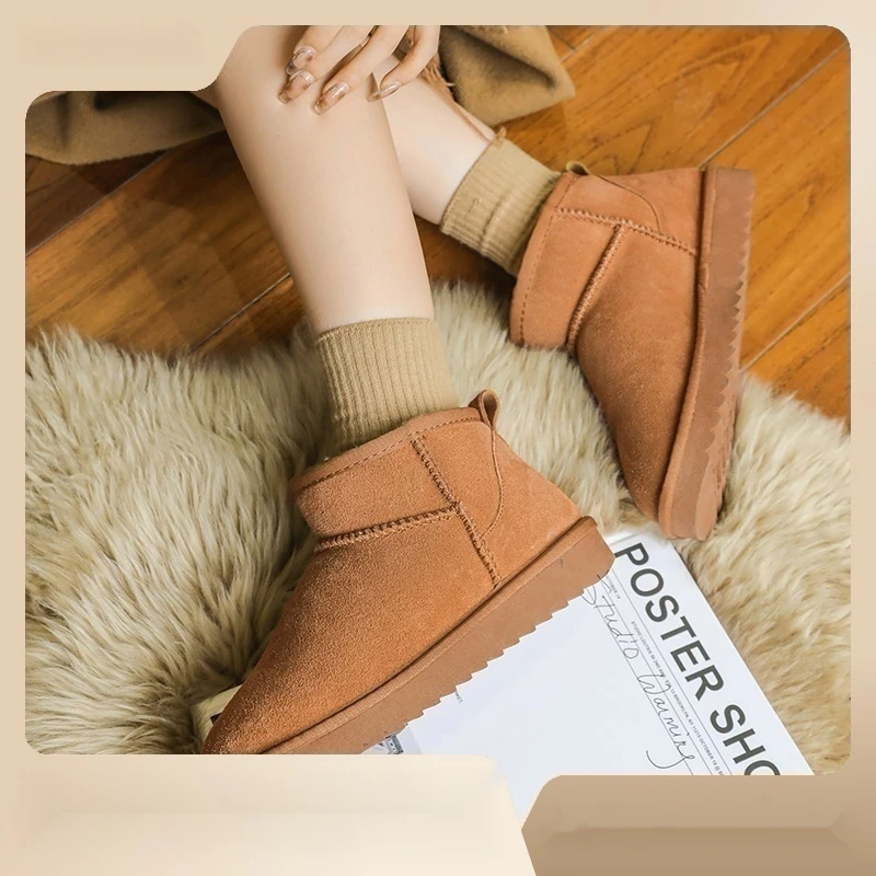 2023 outono inverno nova neve pele de couro feminino integrado manga botas curtas com pelúcia e_voghion.com