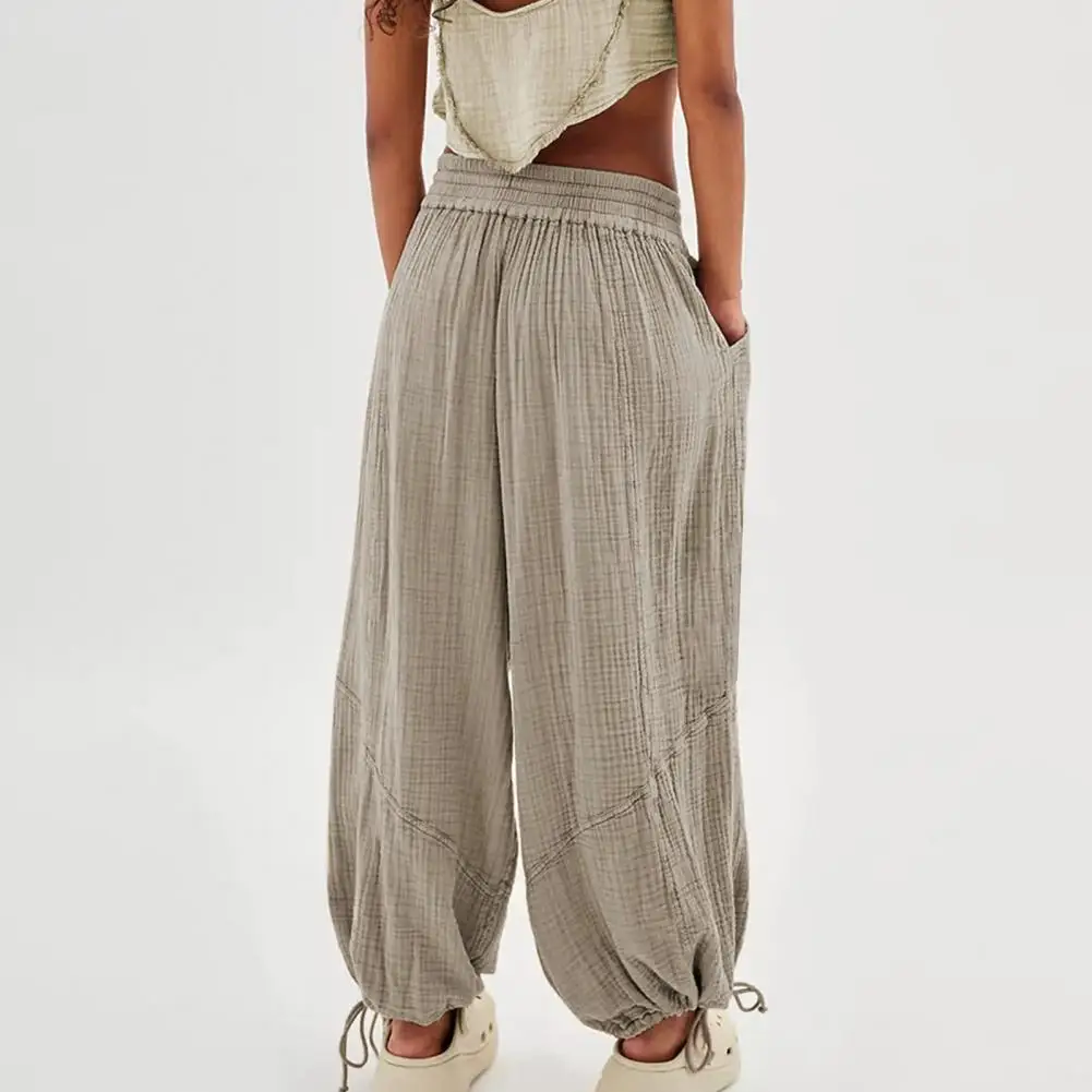 Women Wide-leg Pants High Elastic Waist Women's Wide Leg Pants with Deep Crotch Pleats Ankle-banded Pockets Soft for Ladies loose harem overalls cozy v neck jumpsuit with pockets for women loose fit solid color winter pajama with crotch ankle bands