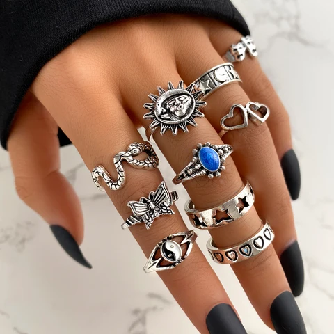 Ring Set for Women Vintage Gold Silver Plated Rings Trendy Hip Hop Jewelry Metal Geometric Ring Ancient Accessories 2022