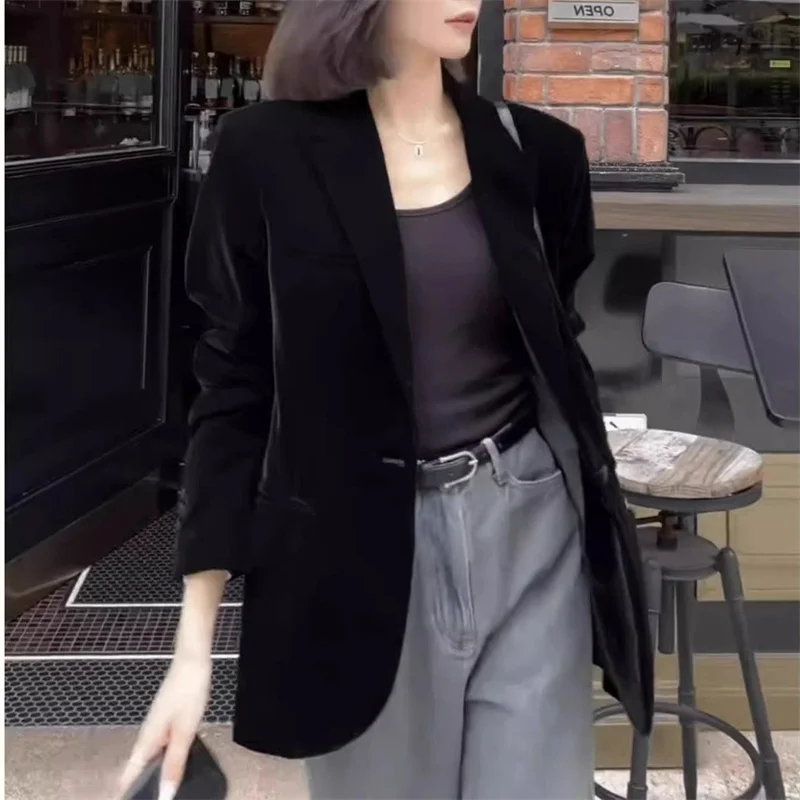 Autumn New Black Velvet Women's Blazer Fashion Long Sleeve Single Button Casual Loose Temperament Suit Top Female Outerwear 2