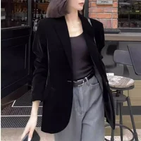 Autumn New Black Velvet Women's Blazer Fashion Long Sleeve Single Button Casual Loose Temperament Suit Top Female Outerwear 2