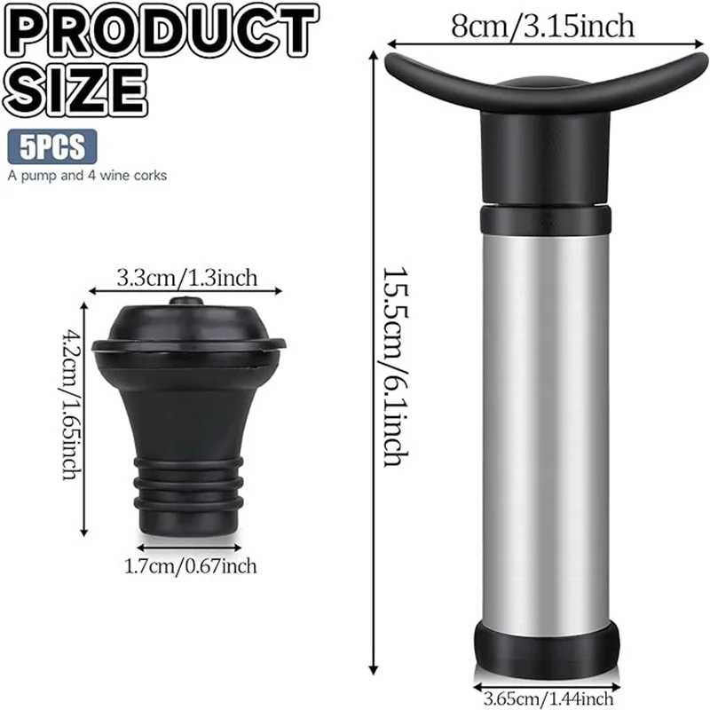 Wine Stopper Wine Stoppers Wine Preserver Vacuum Air Pump Wine Bottle Stoppers Durable Stainless Steel Construction Airtight Leak-Proof Seal