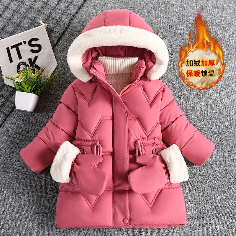 

2-8 Years Girls Winter Warm Down Jackets Children Clothing Hooded Thicken Coats Kids With Gloves Parkas Girl Windproof Outerwear