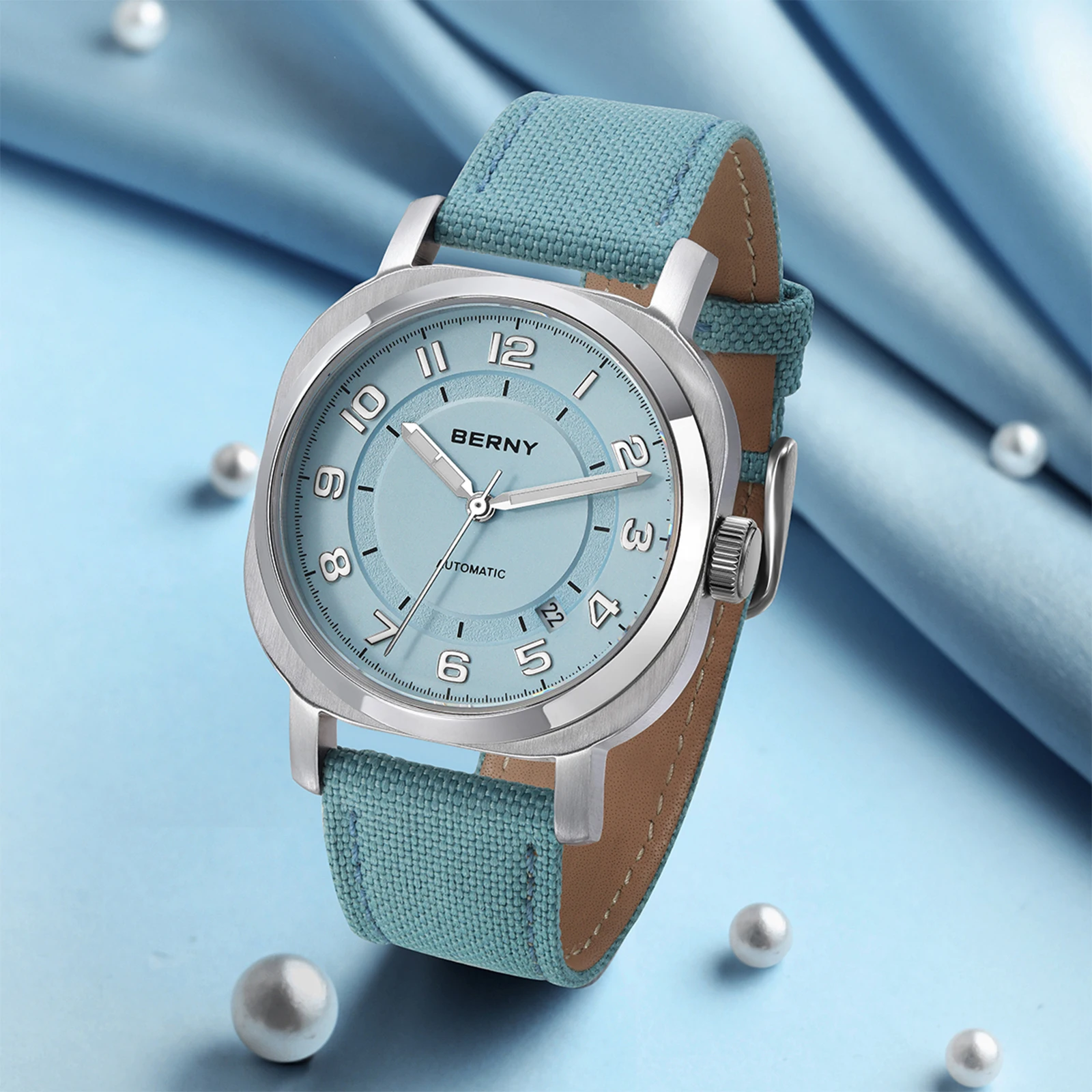 BERNY Mechanical Watch for Women Self-wind Pillow Cushion Sapphire Super Luminous Wristwatch Canvas Calendar Watch for Ladies 2