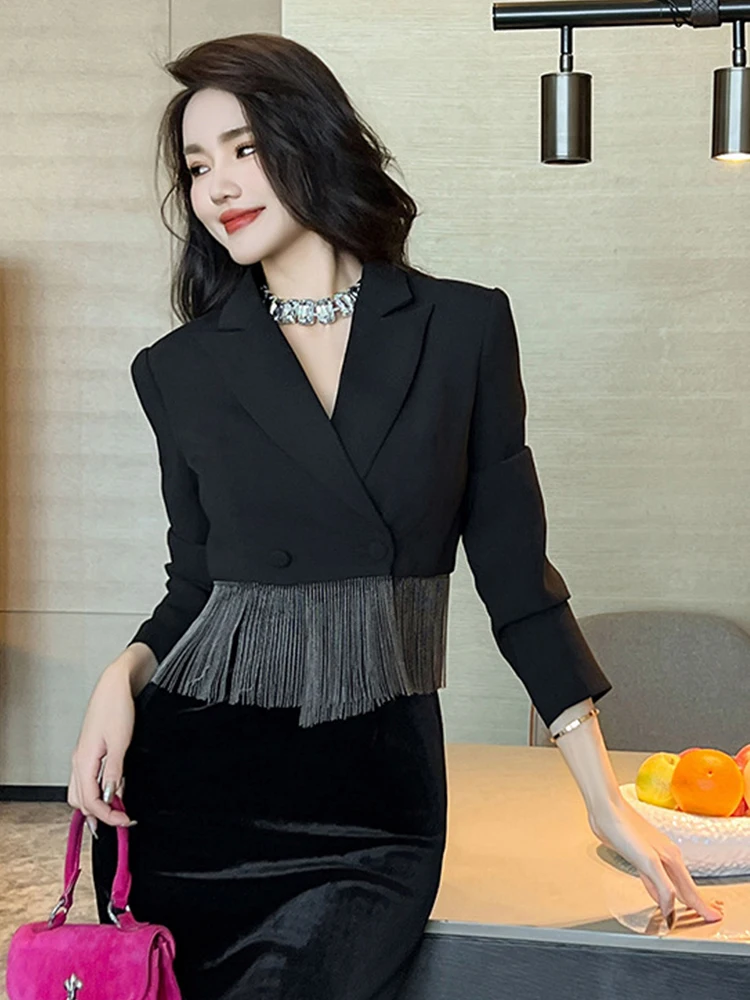 

New Fashion Lady Black Tassels Formal Occasion Short Suit Women Clothing Elegant Office Commute Coat Blazer Jacket Mujer Outwear