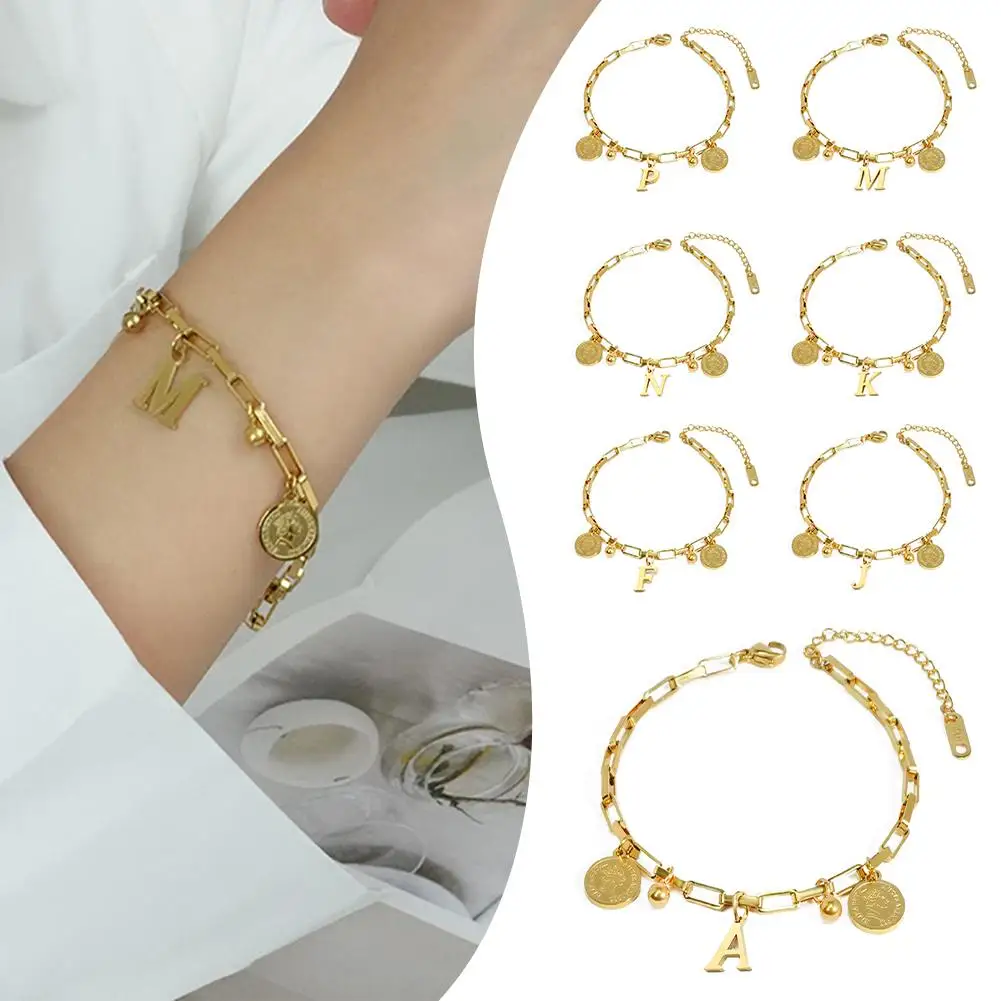 

Coin Initial Letter Bracelet For Women Girls Gold Color Titanium Steel Chain Alphabet Charm Bracelet New Fashion Jewelry O7Z3