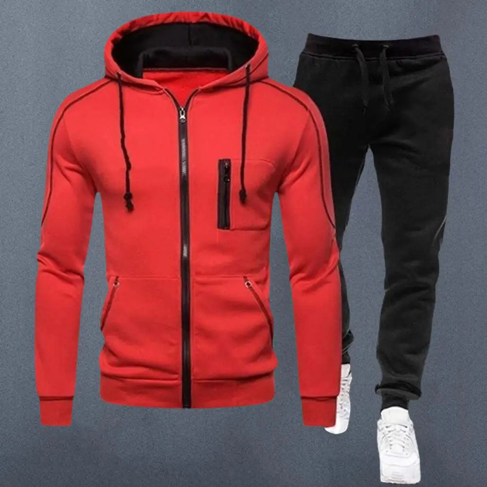 

Men Casual Sportwear Hooded Drawstring Long Sleeve Zipper Placket Sweatshirt Coat Elastic Waist Jogger Pants Outfit Streetwear