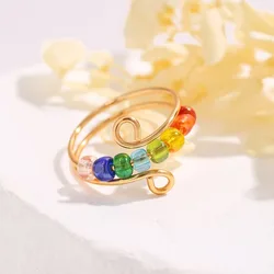 Cute Bohemian Rainbow Beads Relieve Anxiety Ring Rotate Anti Stress Fidget Spinner Rings For Women Men Fashion Jewelry Girl Gift