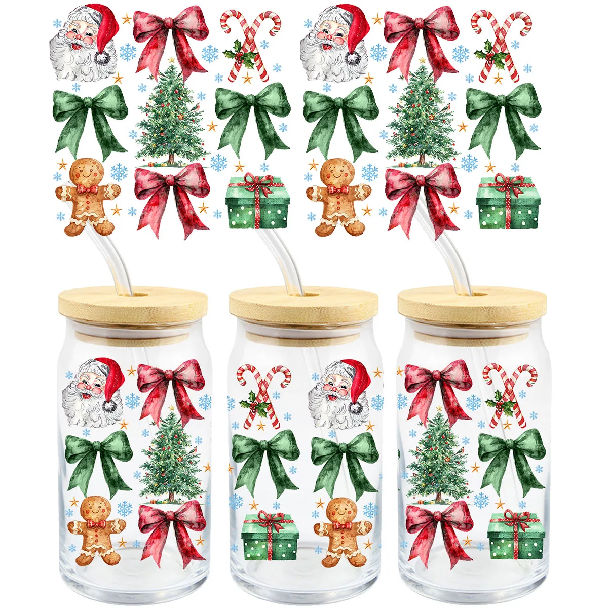 Merry Christmas Santa Claus UV DTF Transfer Sticker Libbey 16oz Glass Cups Wraps Coffee Mug Decals Xmas Party Home Decorations