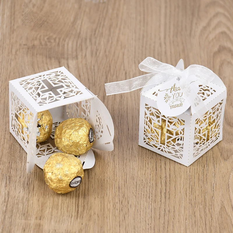 20/50pcs Christening Favors Candy Box Gift Packaging Box With Thank You Tag Kids Birthday Party First Communion Baptism Supplies