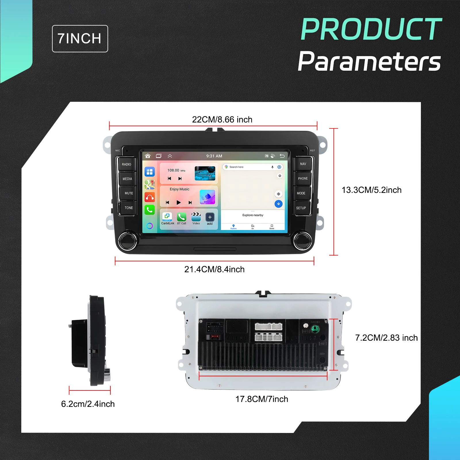 Radio Estéreo para Auto Podofo 6+128G Android 2Din, Carplay, Android Auto con Receptor FM, Voz AI, DSP para VW, Seat, Skoda, PASSAT, GOLF, Navegación GPS, Autoradio 6