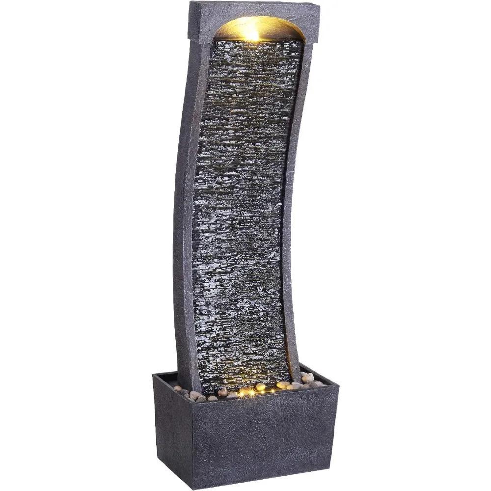 

38.58 Inch Modern Curved Artificial Slate Waterfall Fountain for Indoor or Outdoor Use with LED Lights and 1.98 Gallon Pump