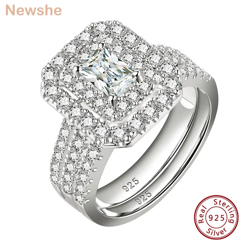 

Newshe 2 Pieces 925 Sterling Silver Engagement Wedding Rings Set for Women Double Halo Radiant Cut AAAAA CZ Gorgeous Jewelry