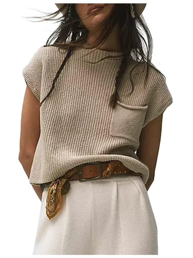 

Women Autumn Winter Solid Sweater Vest Elegant Casual Fashion Office Lady Sleeveless Pullover With Pocket Knitted Top New 2023