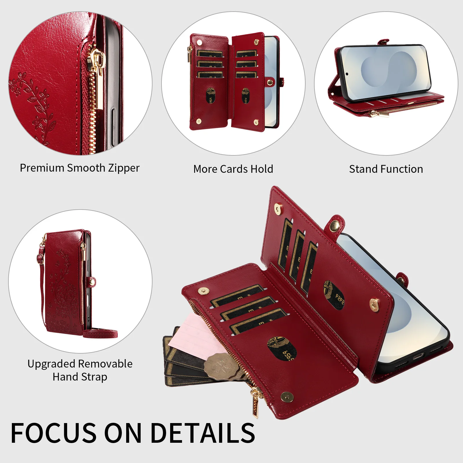 Stylish Embossed Flip Zipper Wallet Case with Cross-Shoulder Strap, Coin and Card Slots, Faux Leather Cover