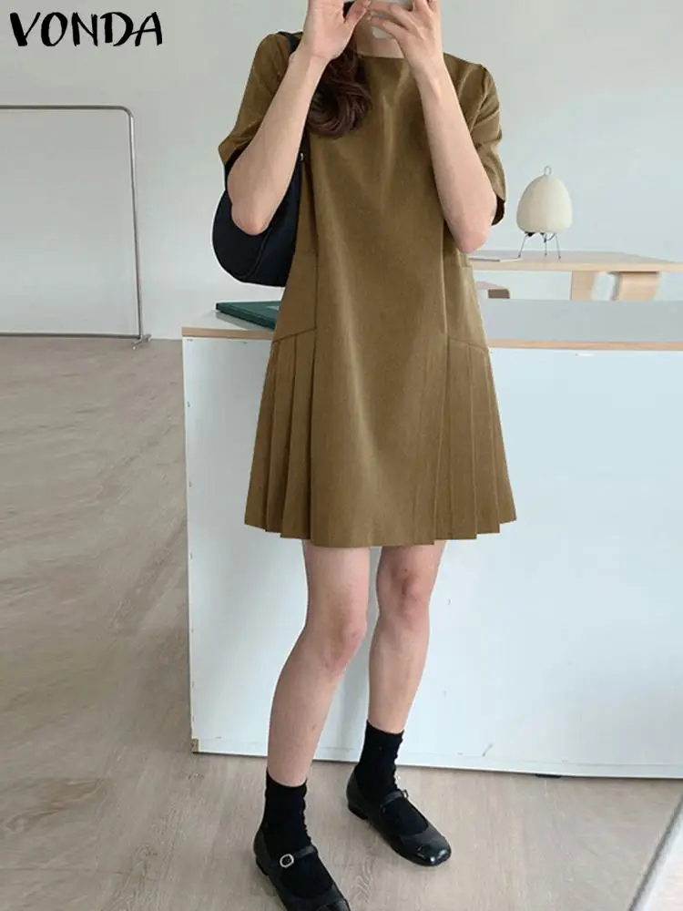 

VONDA Summer Mini Sundress 2023 Casual Solid Color Women Round Neck Dress Vintage Short Sleeve Casual Pleated Loose Vestido Robe