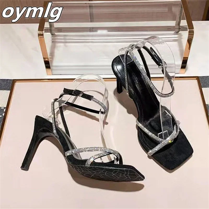 

2024 new all-match square head silver rhinestone one-word buckle high-heeled sandals sweet wind stiletto sexy designer sandals