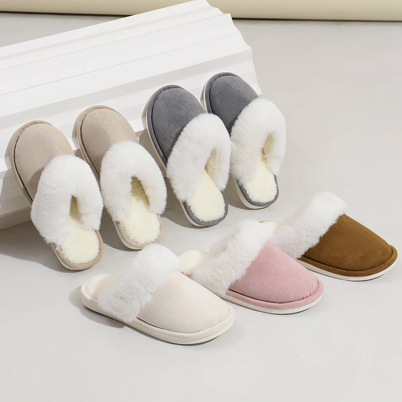 2025 New Faux Fur Flat Slippers for Women Winter Non Slip Warm Bedroom Home Slides Woman Comfortable Soft Sole Cotton Shoes