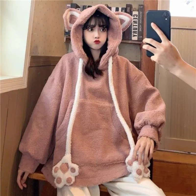 

Pink Plush Hoodie for Women Instagram Autumn and Winter New Korean Version Lazy Style Milk Sweet Loose Jacket on Top of Clothes