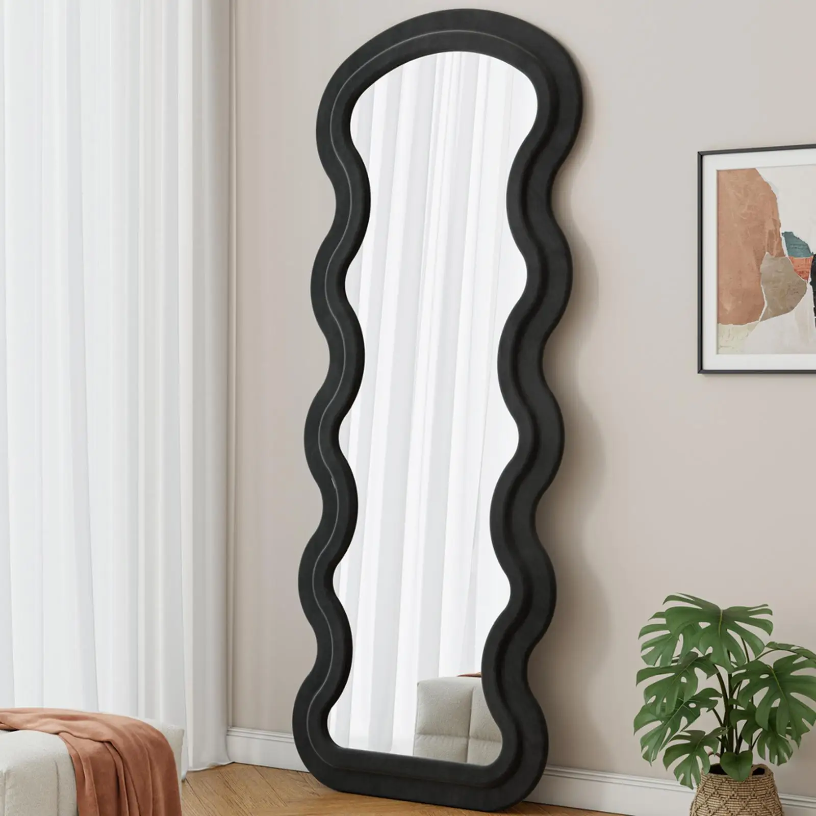 Full Length Mirror with Flannel Padded Wave Frame Large Standing Wall Hanging Mirror for Bedroom and Living Room