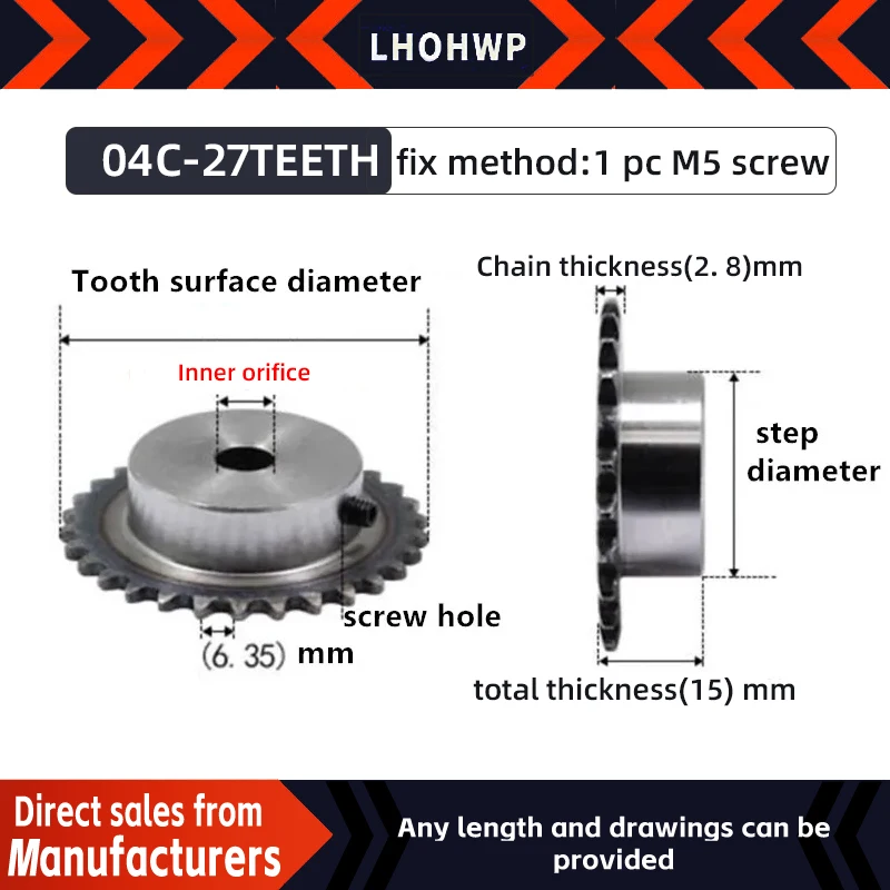 

2pc 04c Sprocket 27Teeth Hole 8/10/12mm 25H 45# Steel Sprocket 04c Table Wheel Finished Hole Sprocket Screw Hole M5