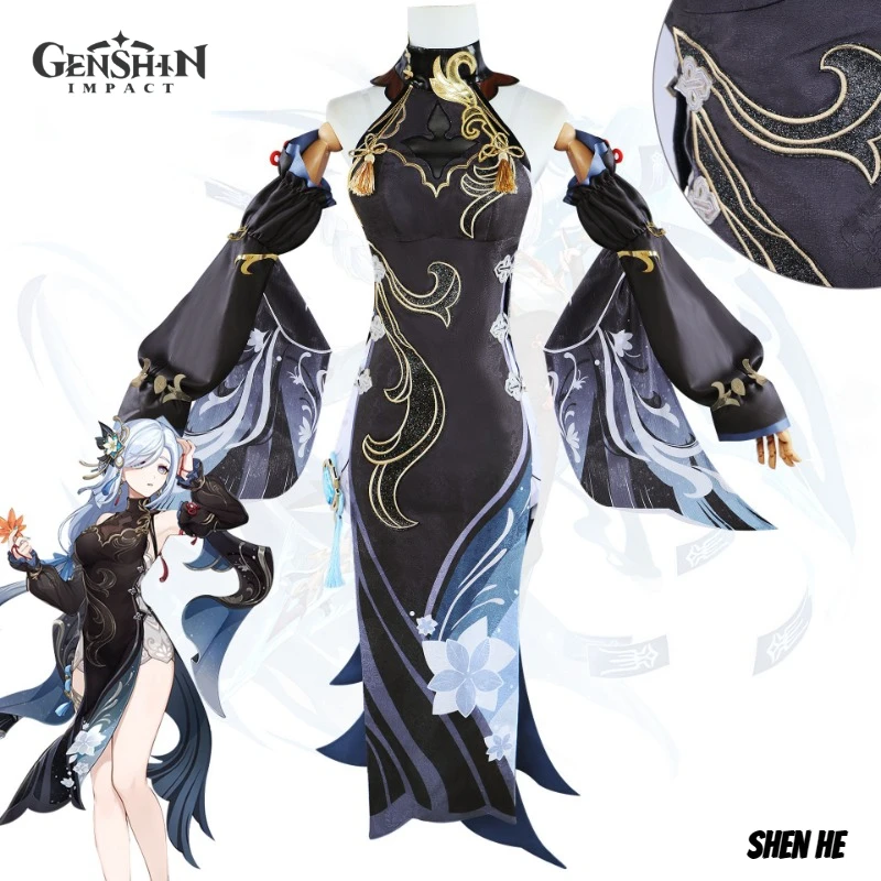 

Genshin Impact Anime Game Frostflower Dew Shenhe Cosplay Costume Wig Uniform Cartoon Character Comic-Con Party Perform Prop Gift