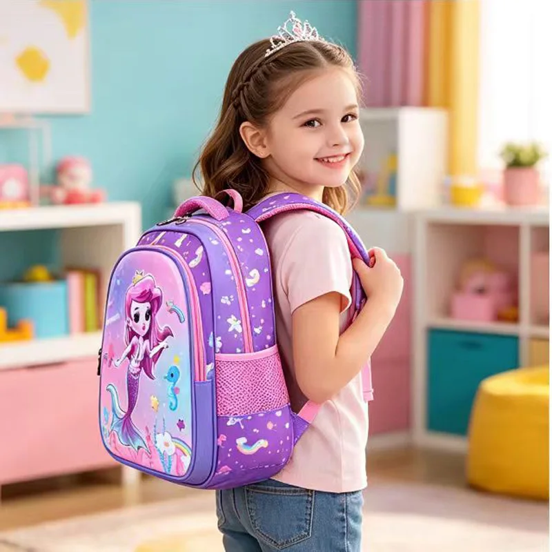 Kids Backpack Purple Girl Elementary Primary School Backpacks Kindergarten Bookbags 3D Mermaid Cute Children Shoulder School Bag 2