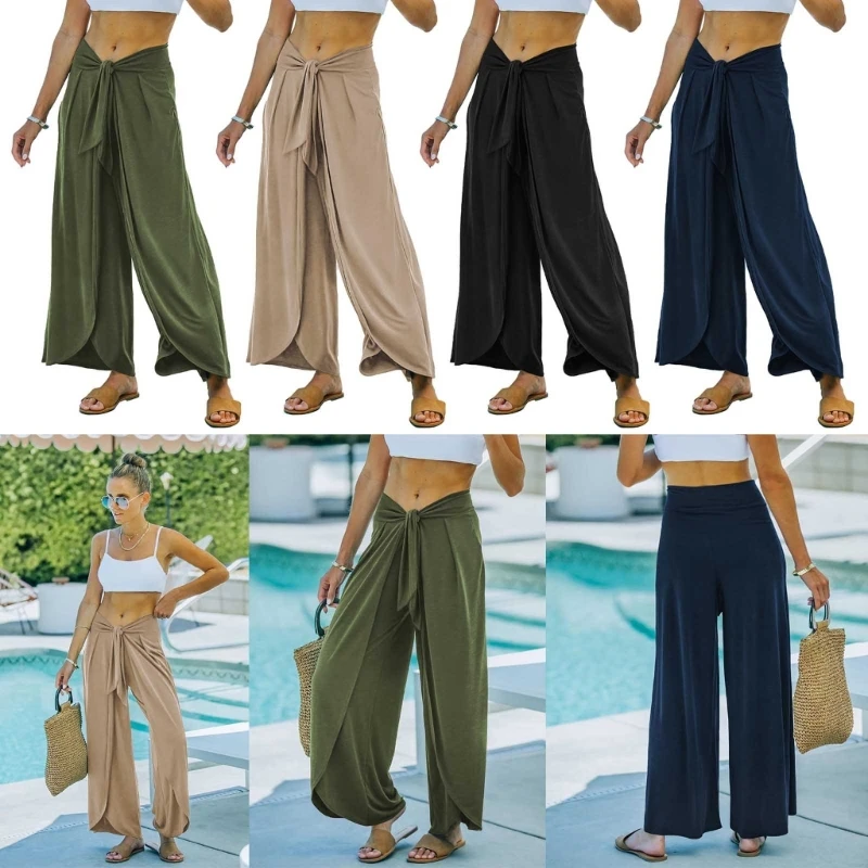 

Women Casual Loose Flowy Flared Pants High Waist Wide Leg Pants Trousers Summer Long Palazzo Pants with Belted Front