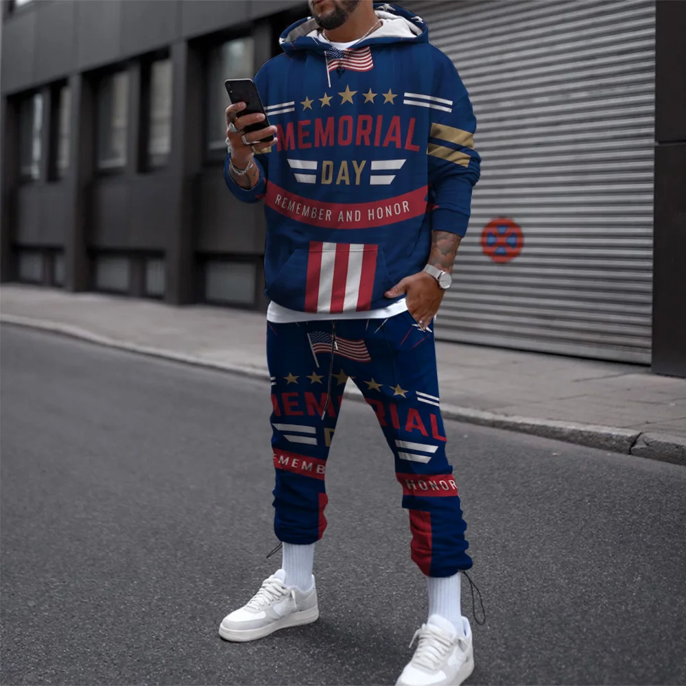 2 Piece Suit Hoodies For Men Autumn 3D Printed Hoodie Happy Veterans Day Festival Men’s Casual Pullover Hooded Sweatshirt Set
