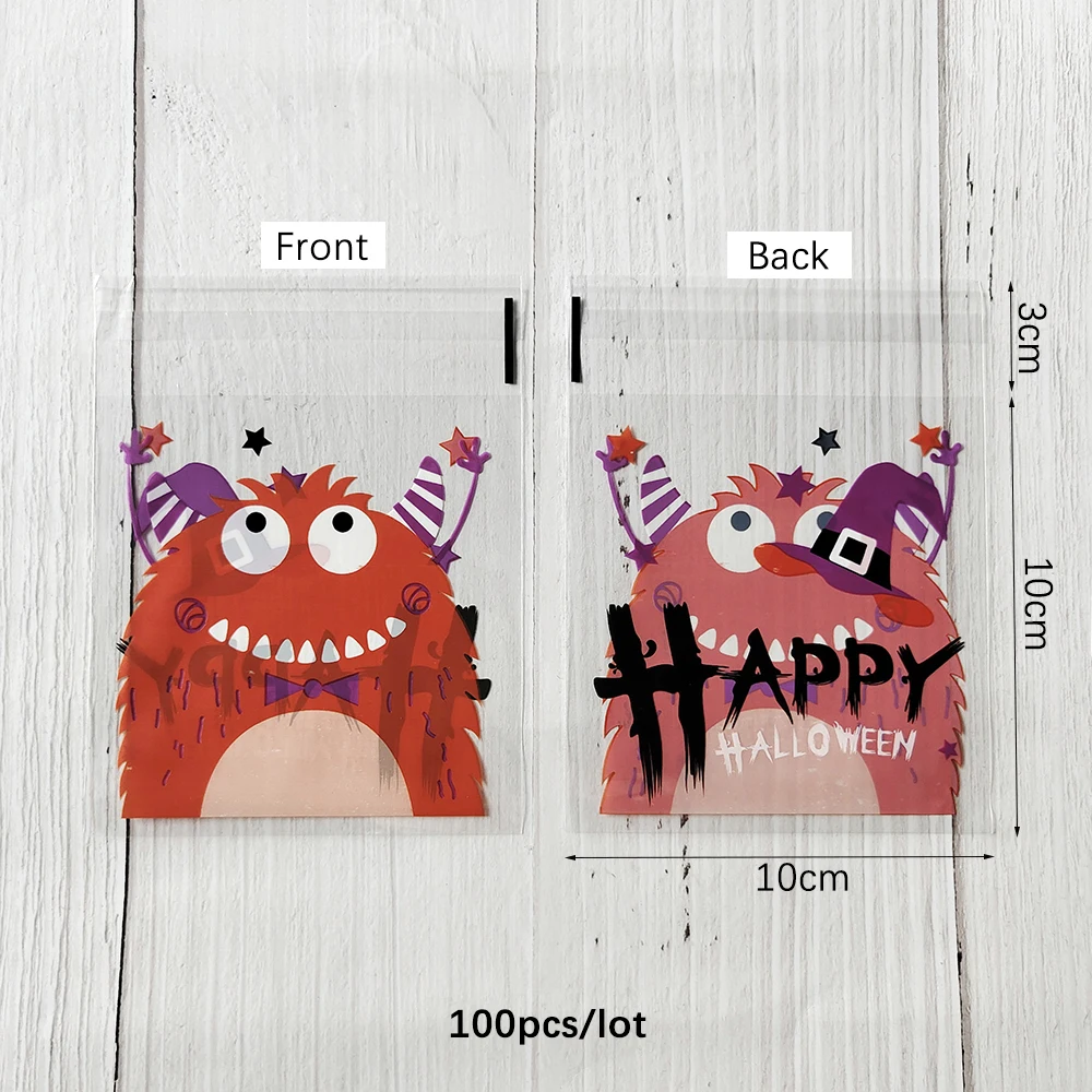 100 Stück Halloween-Süßigkeitentüten Plastik-Geschenktüten mit Geister-, Kürbis- und Spinnenmotiven für Geschenke und Halloween-Partydekoration – Detail 7
