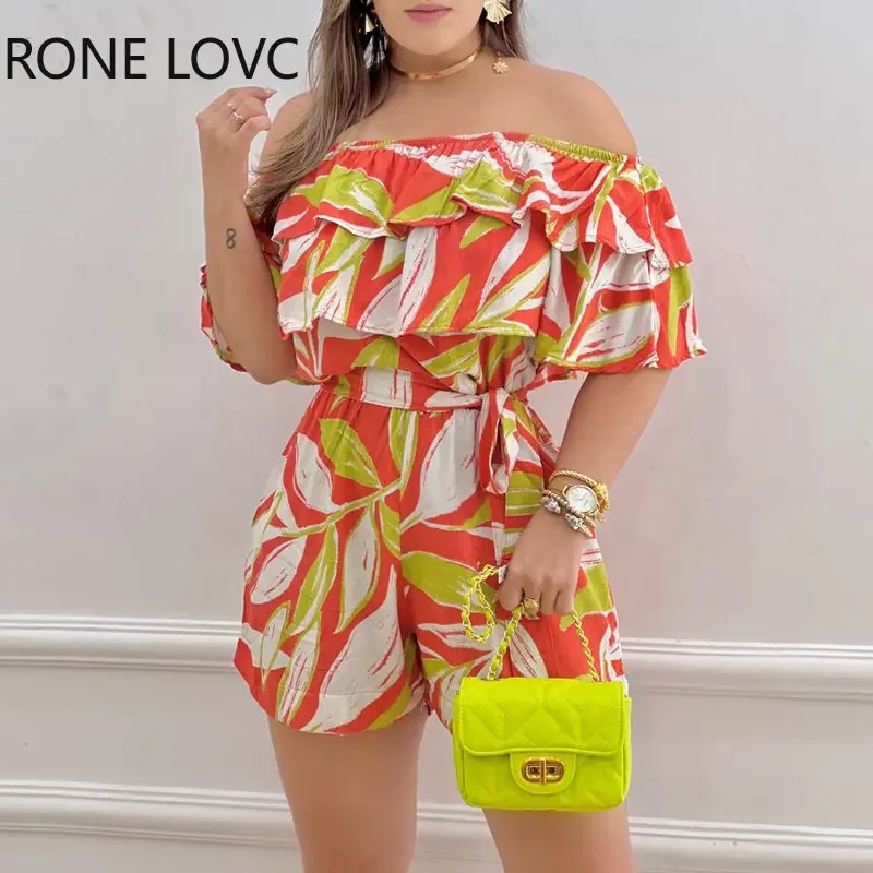 

Women Elegant All Over Print Off Shoulder Cascading Ruffles Hem Sexy with Belts Vacation Romper