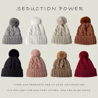 New Winter Twist Knitting Hat For Women Fur Pompom Thick Plush Cap Beanie Solid Color Ladies Warm Ski Snow Skullies Beanies