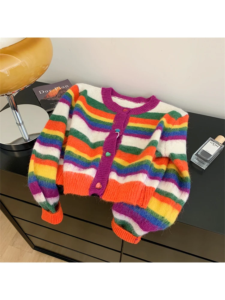 

Women Rainbow Striped Cardigan Knitted Sweater 90s Vintage Harajuku Korean Y2k Long Sleeve Sweater Top 2000s Clothes Autumn 2023