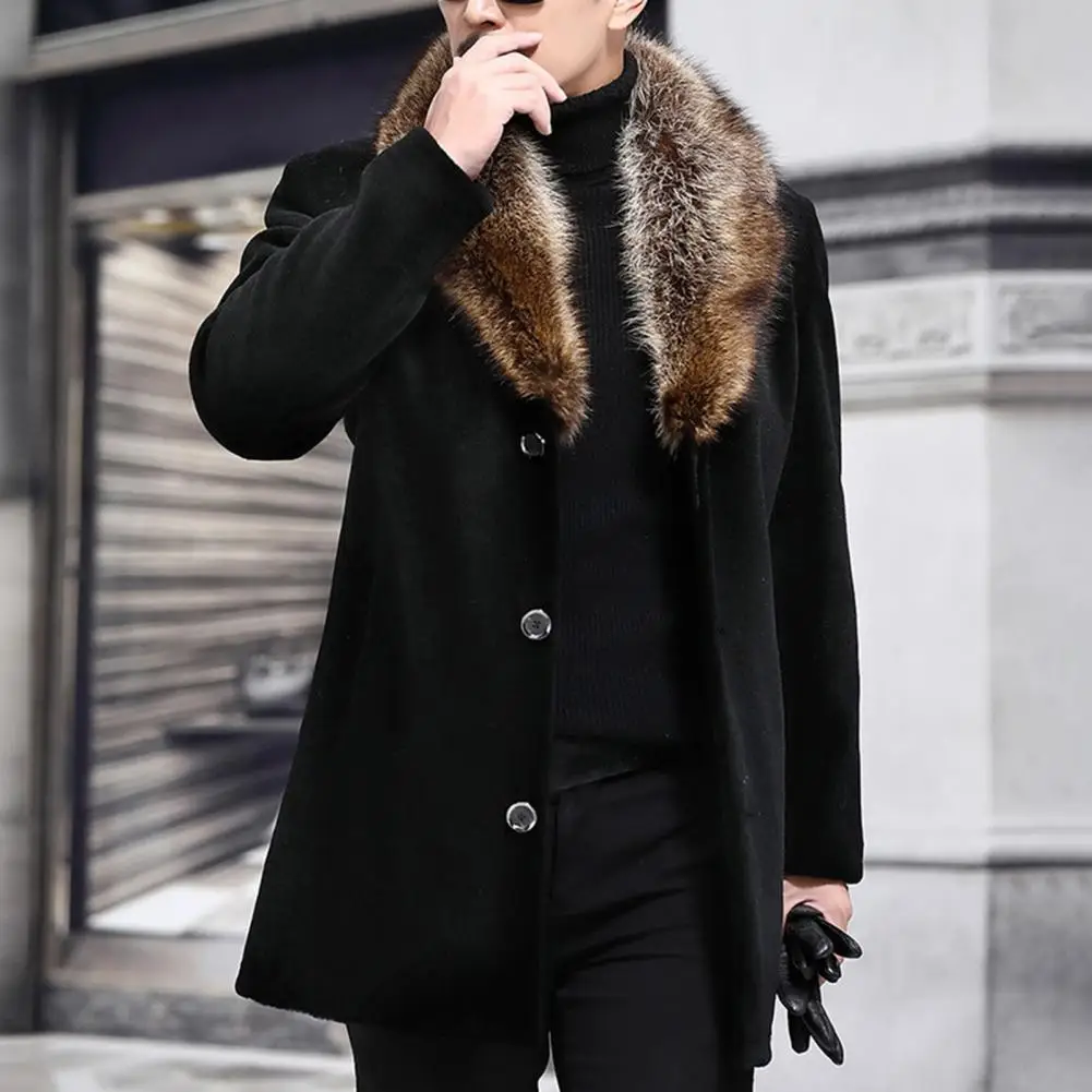 

Men Woolen Coat Faux Fur Collar Single-breasted Men Jacket Slim Fit Coldproof Top Outwear Autumn Winter Windbreaker Jacket