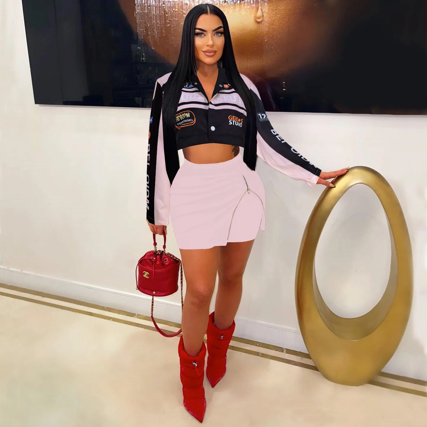 Women Vintage Casual 2 Piece Set Spring 2024 Letter Print Single Breasted Short Jacket Zipper Skirt Motorcycle Streetwear Outfit