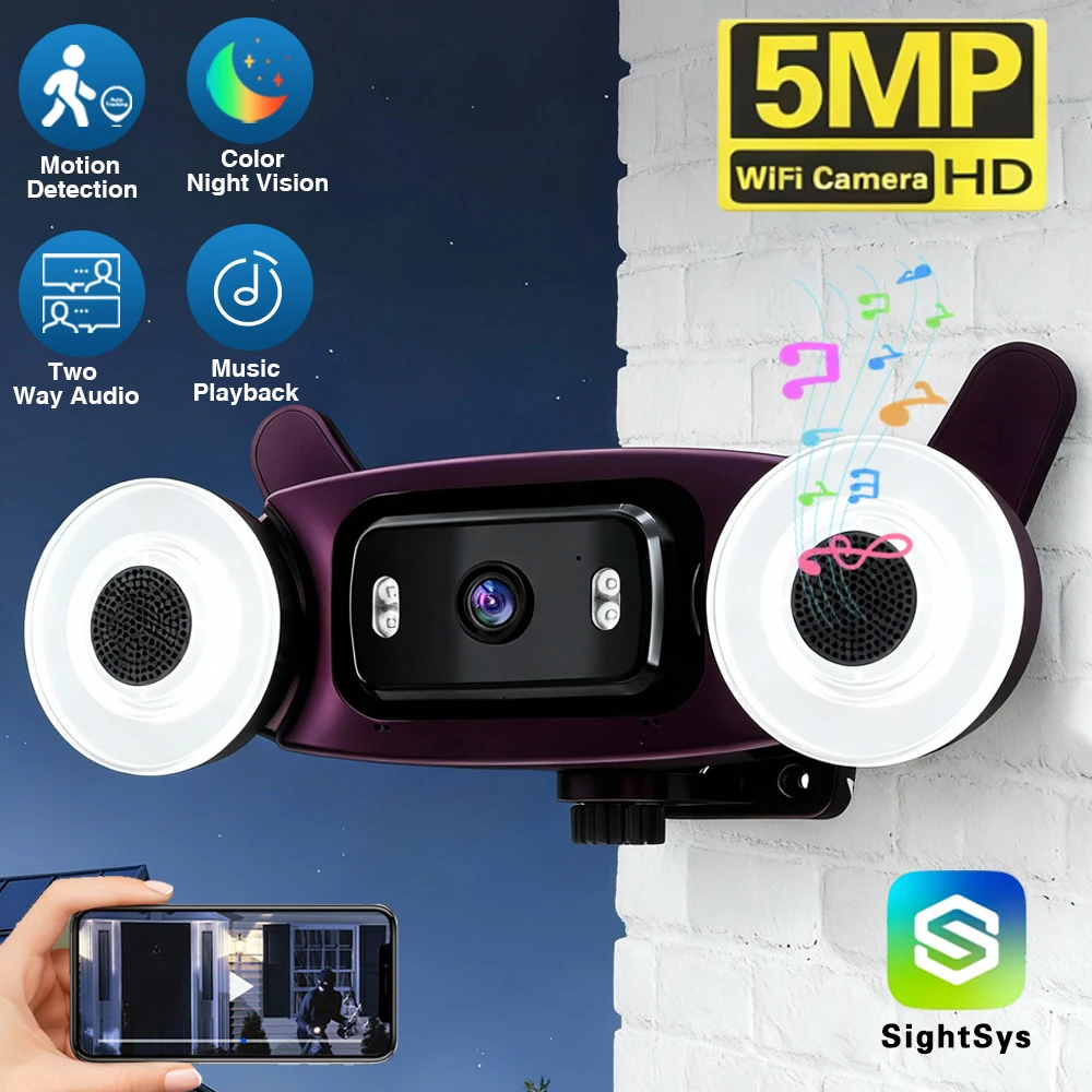 5MP HD Floodlight WiFi Camera Outdoor Waterproof CCTV Music Player Human Detection Alarm Surveillance Two Way Audio IP Cam