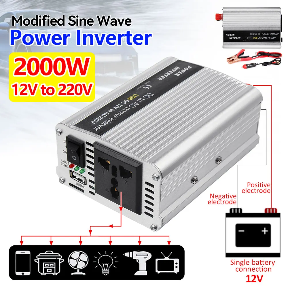 

2000W Peak Power Inverter DC 12V/24V to AC 220V Auto Converter Adapter Modified Sine Wave Universal Socket Portable Charger