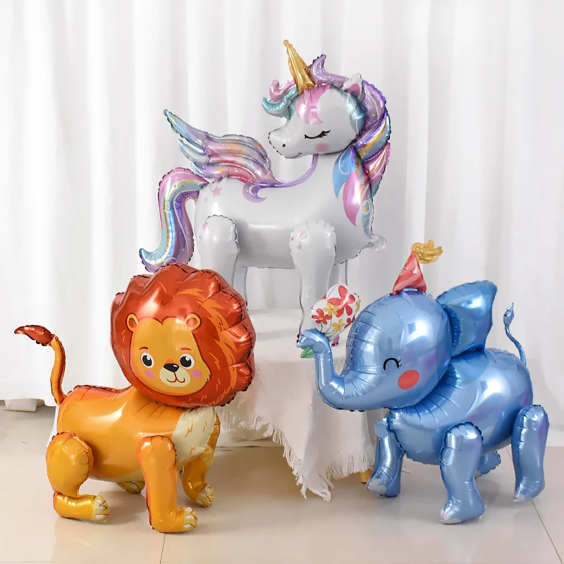 4D Standing Lion Unicorn Elephant Walking Animal Balloon Kids Jungle Safari Decorazioni Per Feste Di Compleanno Forniture Per Baby Shower