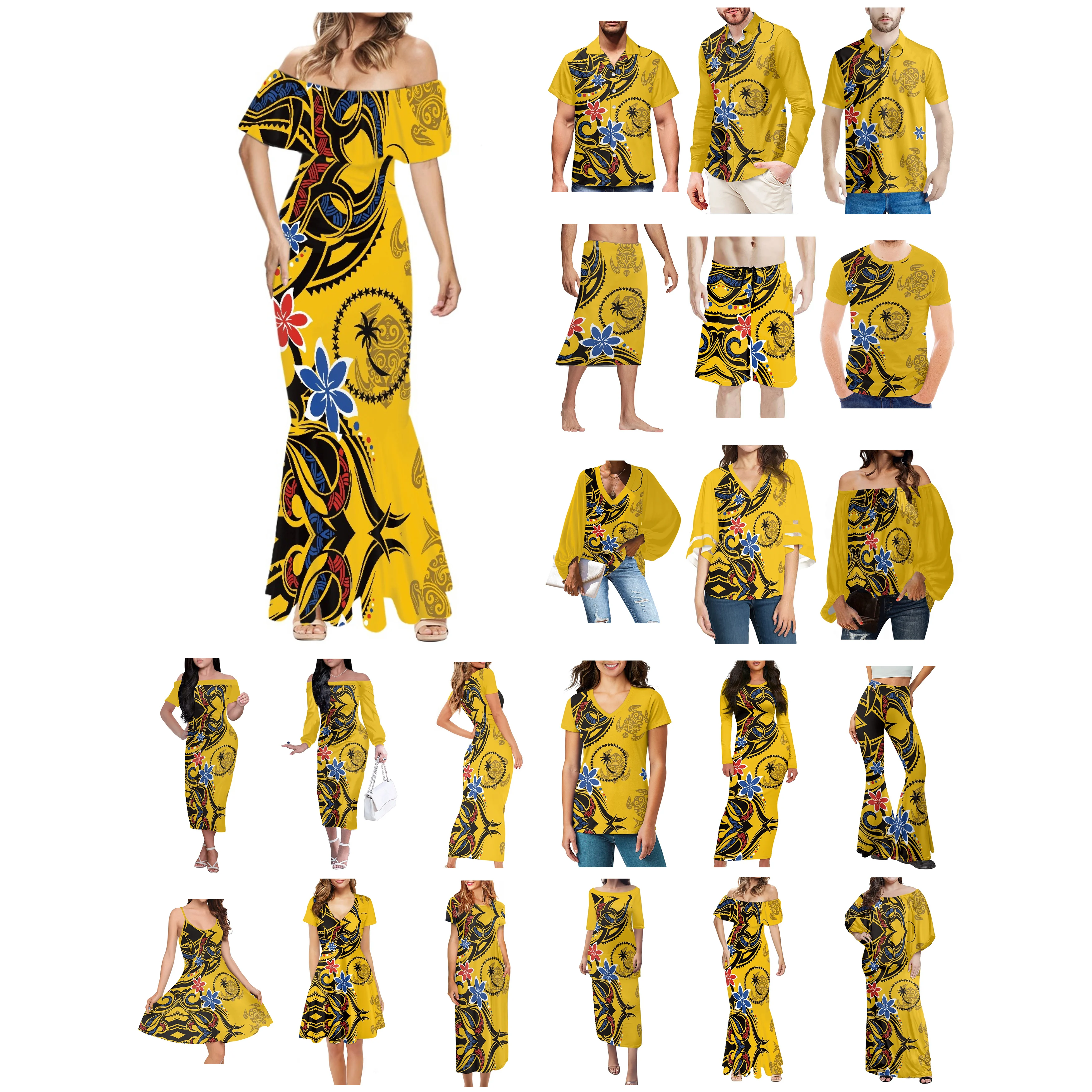

Polynesian Chuuk Tattoo Prints Clothes Women Dress Matching Men Shirt New Style Casual Comfortable Plumeria Yellow Lovers Clothe