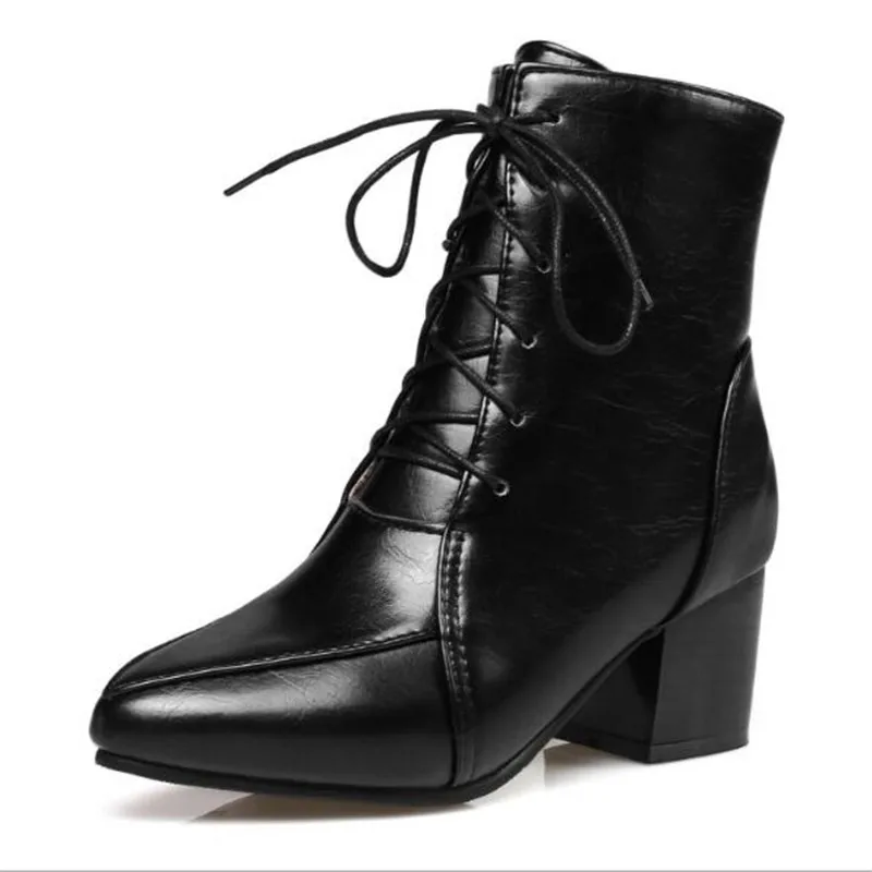 Size32-45 Autumn Winter Women Ankle Boots Plush Female Boots Fashion High Heel Women Work Shoes Pointed Toe Lace-Up Women Shoes