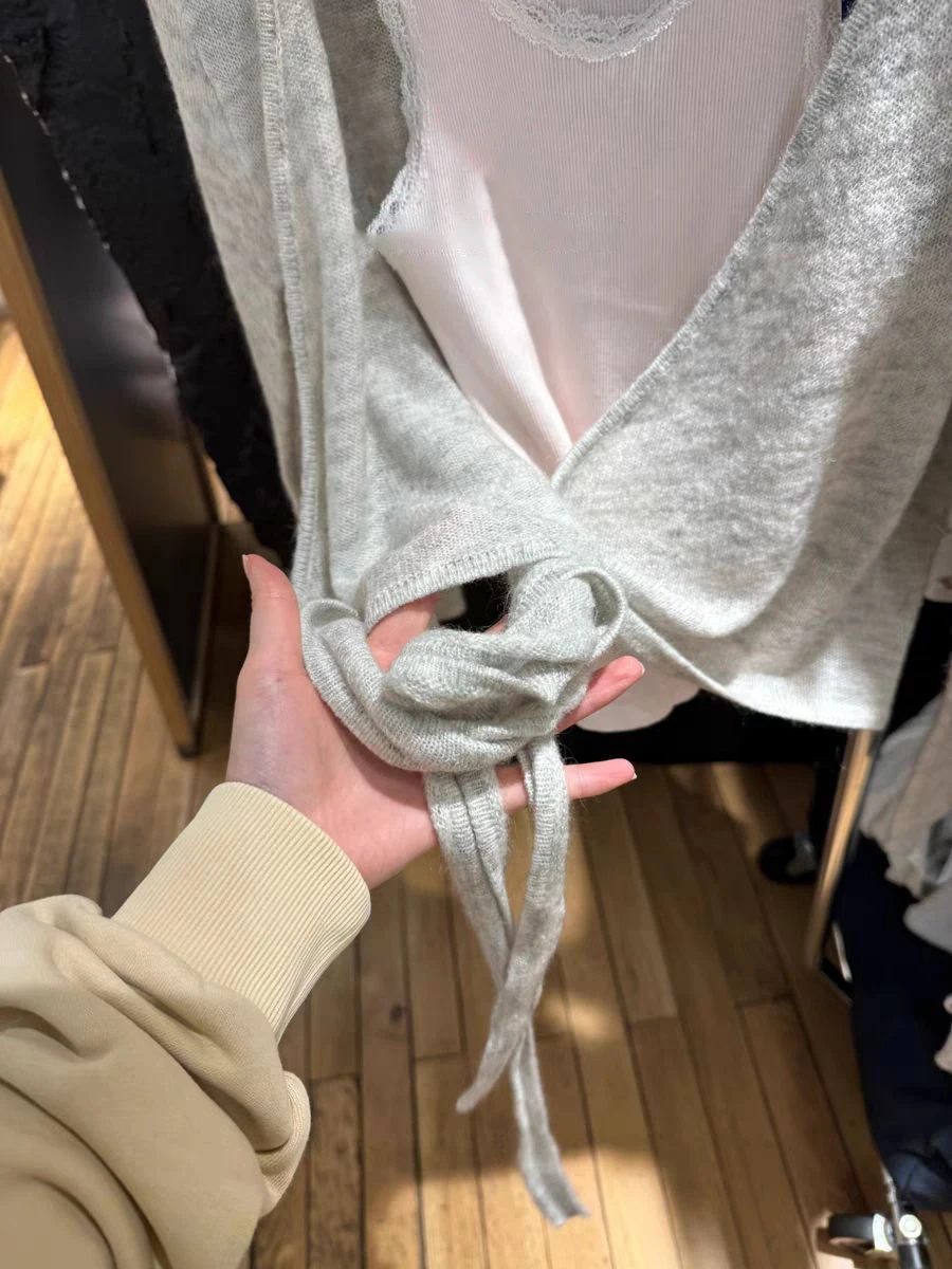 Gray Lace-up Knitted Long Sleeve T-shirt Cardigan Autumn V-neck Cotton Casual Smock Solid Simple Sweet Wrap Tee Crop Tops Y2k 6