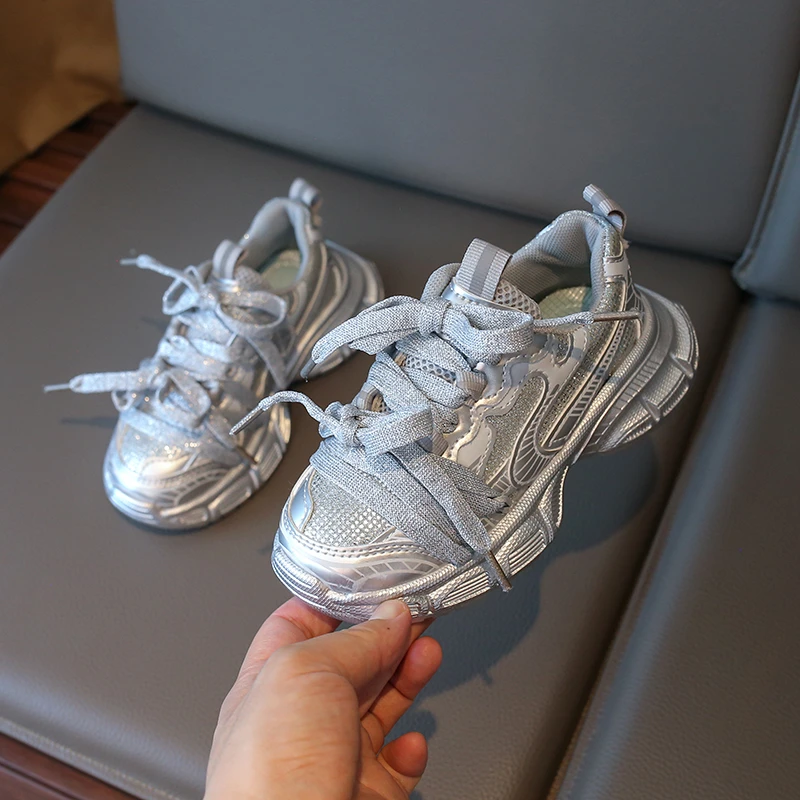 Silver Mesh Kids Chunky Sneakers Breathable School Sports Shoes