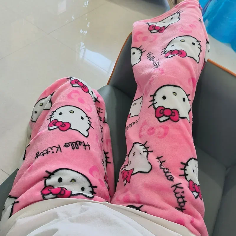 

Новинка Sanrio аниме мультфильм Hello Kitty коралловые флисовые пижамные брюки мягкие брюки женские повседневные домашние брюки Kawaii подарок на день рождения