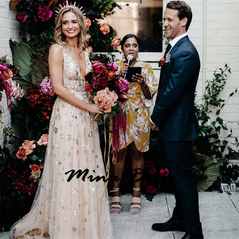 

Mina-2024- Wedding Dress V-neck Embroidered Lace Shining Ball Dress Sexy Party Dress Vestido De Festa