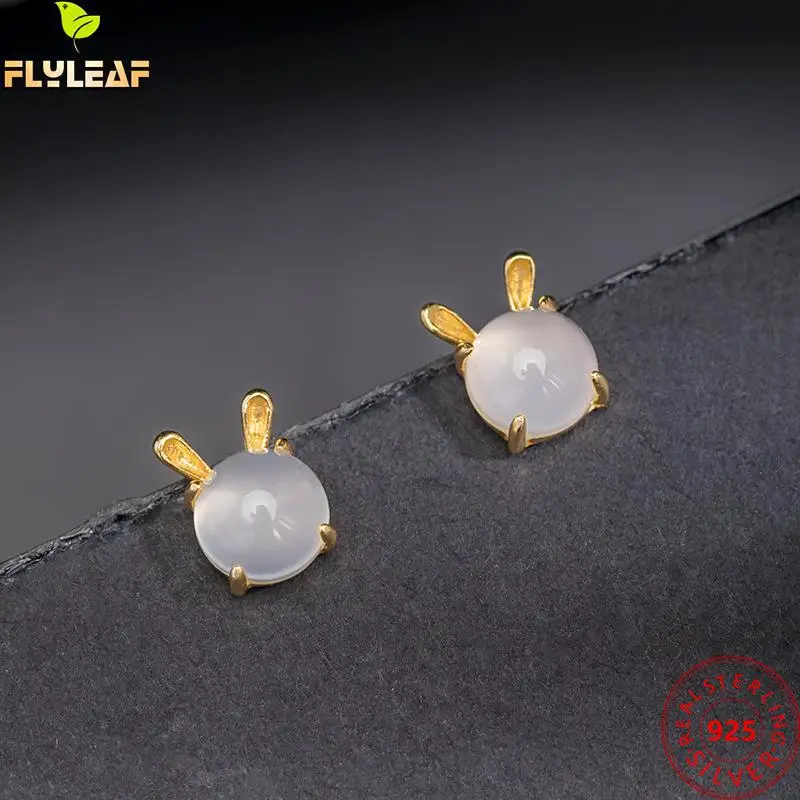 

Real 925 Sterling Silver Chalcedony Rabbit Stud Earrings For Women Personalized Design 18k Gold Plating Femme Fine Jewelry