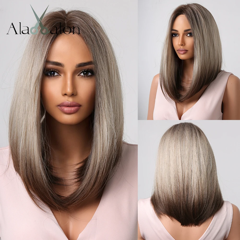 

ALAN EATON Blonde to Brown Omber Hair Short Bob Synthetic Wigs for Women Shoulder Length Straight Wig Middle Parting Cosplay Use