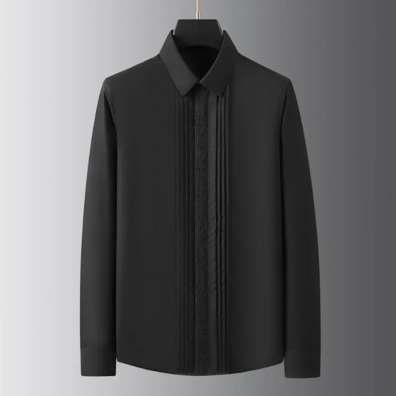 Minglu Cotton Men's Shirts High Quality Embroidery Covered Button Long Sleeve Solid Color Casual Party Male Dress Shirts 4XL