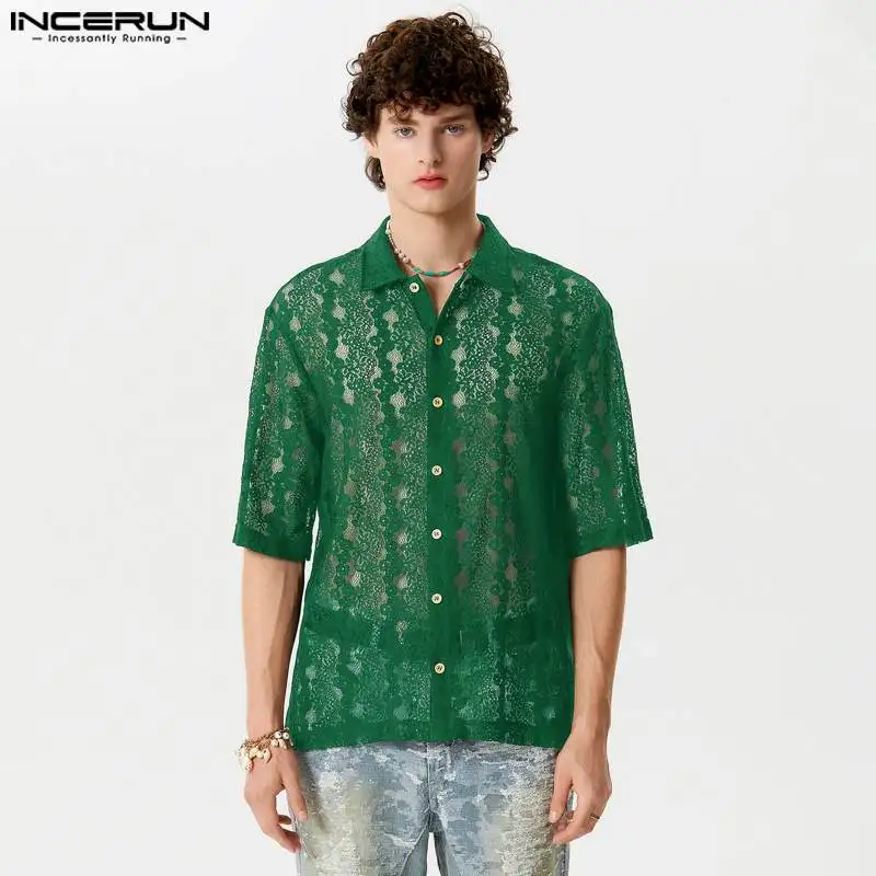 

Men Shirt Solid Color Lace Transparent Lapel Short Sleeve Button Streetwear Men Clothing 2024 Fashion Sexy Camisas S-5XL INCERUN