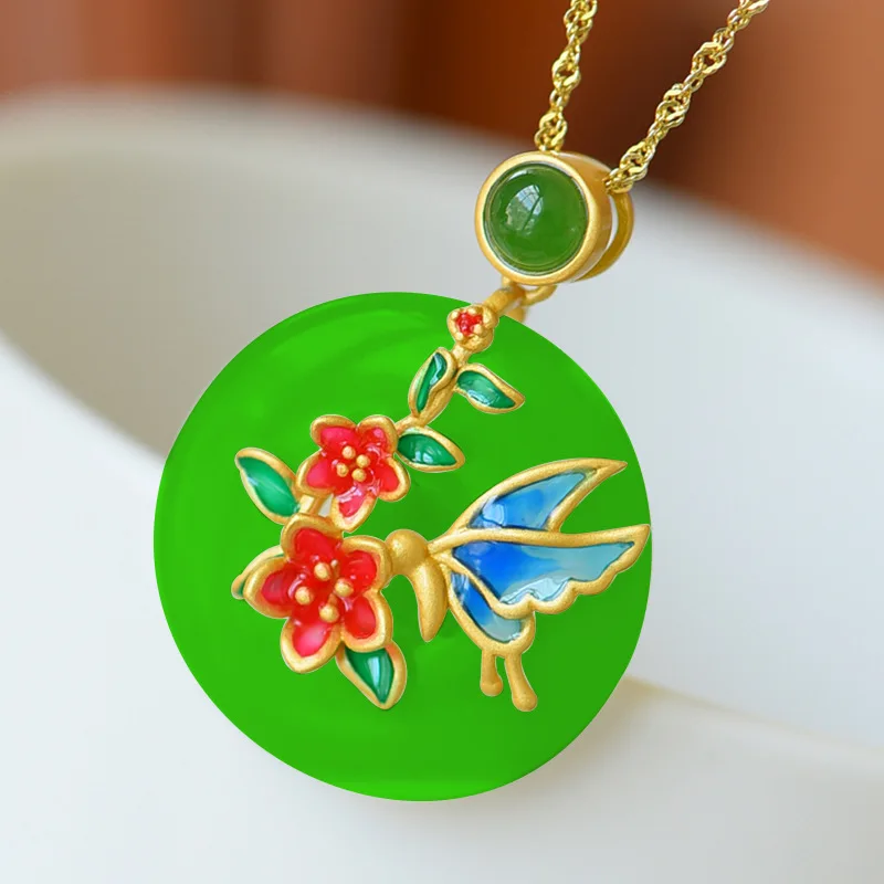 

Natural Hotan Jade Round Necklace Pastoral style Flower Butterfly Enamel Exquisite Pendant new in charm Jewelry for Women